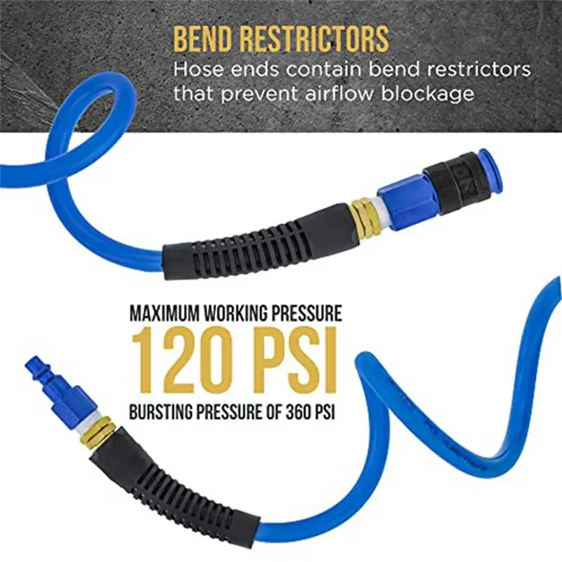 【Ship Within 1/4In X 25In Polyurethane Recoil Air Hose +Bend Restrictors And 1/4In NPT Male Fitting Ends - Universal Quick Coupl