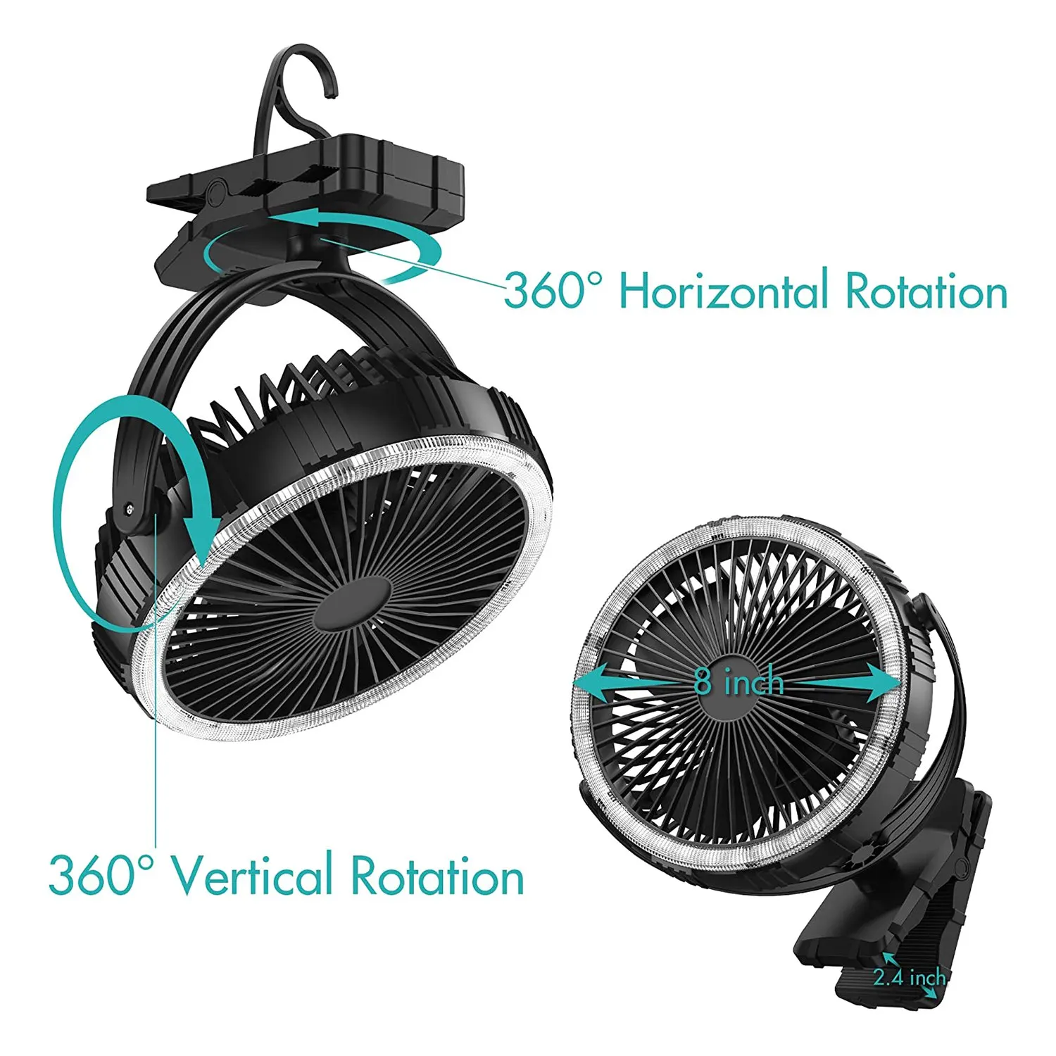 Ventilador de acampada de 10000MAh y luz LED, ventilador de tienda con batería recargable de 8 pulgadas para colgar o usar en la mesa, ventilador con Clip