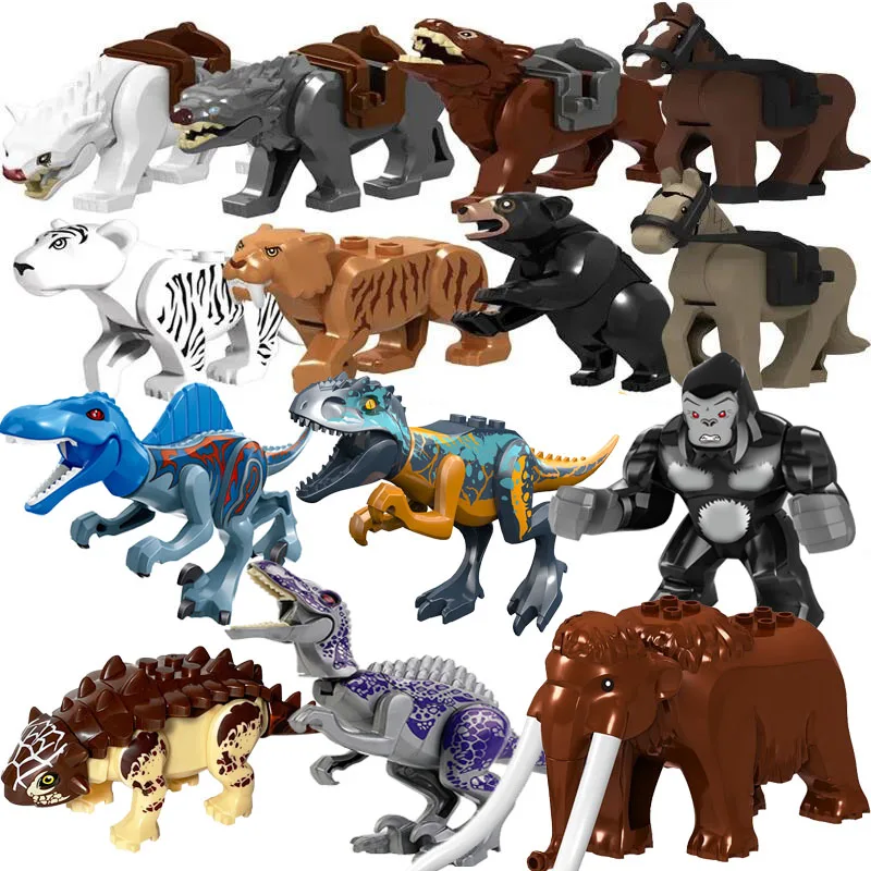 Jungle Adventure Beast Animals Tiger Bear Jurassic Park World Dinosaurs Model Building Blocks Figure Toys For Children