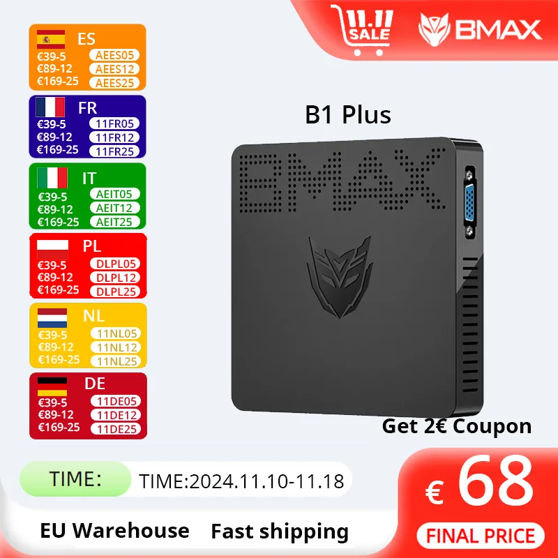 BMAX-Mini ordenador B1 Plus, procesador PC Intel Apollo Lake N3350, Windows 10, 4K, 6GB, 64GB,