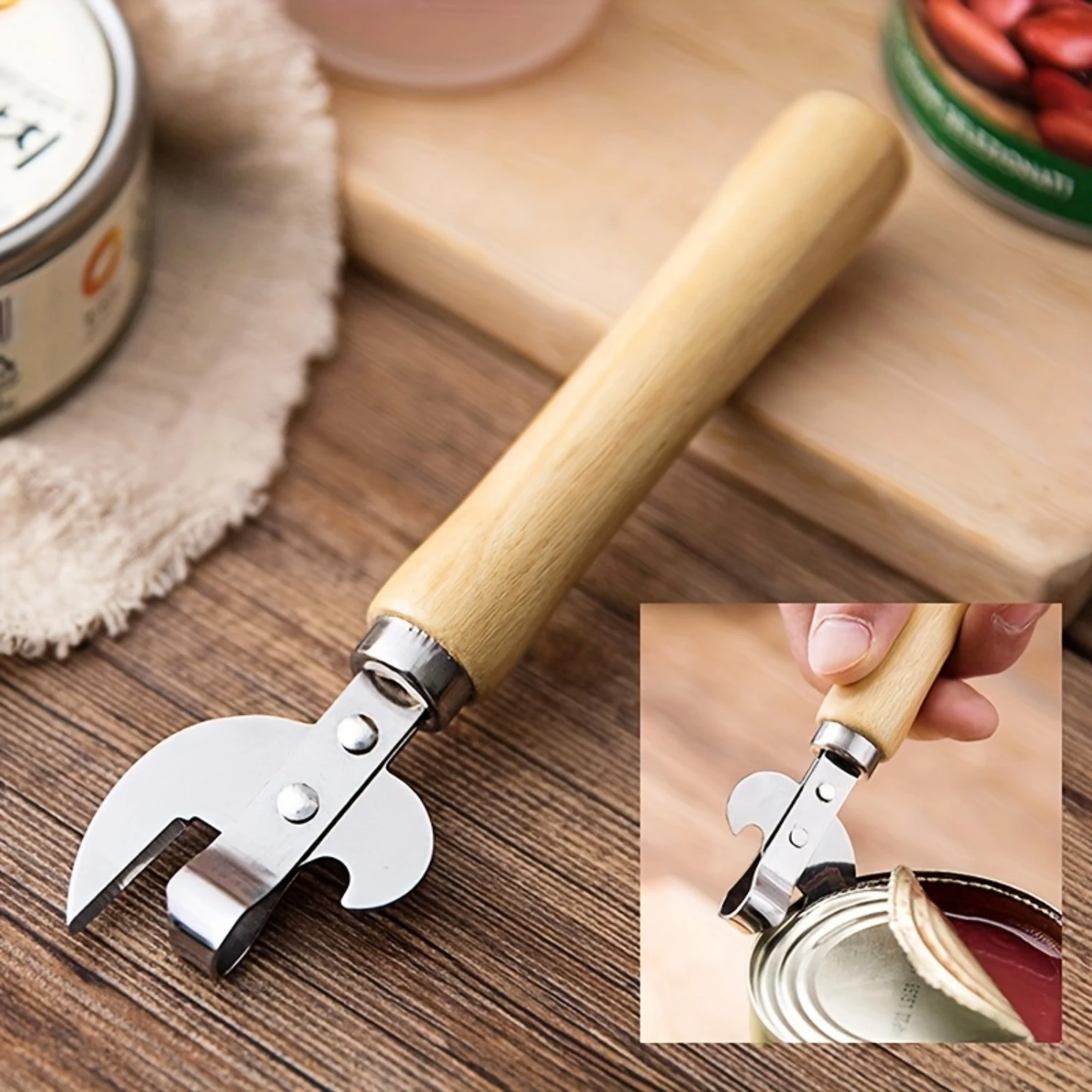 

Multi-Purpose Can Opener with Wooden Handle Perfect for Outdoor Camping, Kitchen & Beer Bottle Opener!