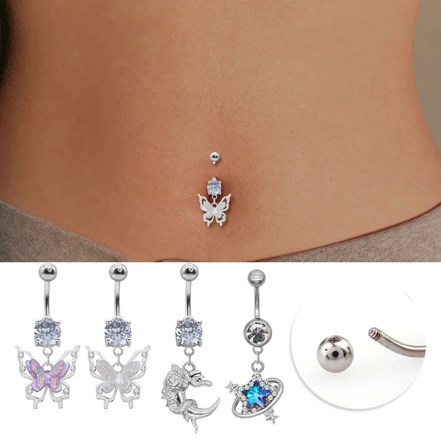 1Pcs Zinc Alloy Illusory Color Butterfly Belly Button Ring Navel Piercing Ring Navel Button Piercing Body Belly Piercing Jewelry