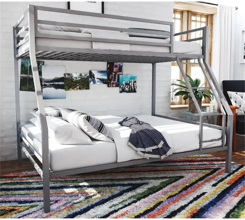 Maxwell Metal Bunk Bed Frame for Kids and Teens with Angled Ladder High Guardrail and Metal Slats No Boxspring Required