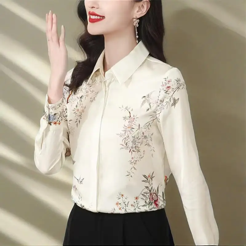 

Elegant Printed Satin Shirts Women Fashion Women Blouse 2025 Casual Clothing Office Lady Long Sleeve Basic Silk Tops
