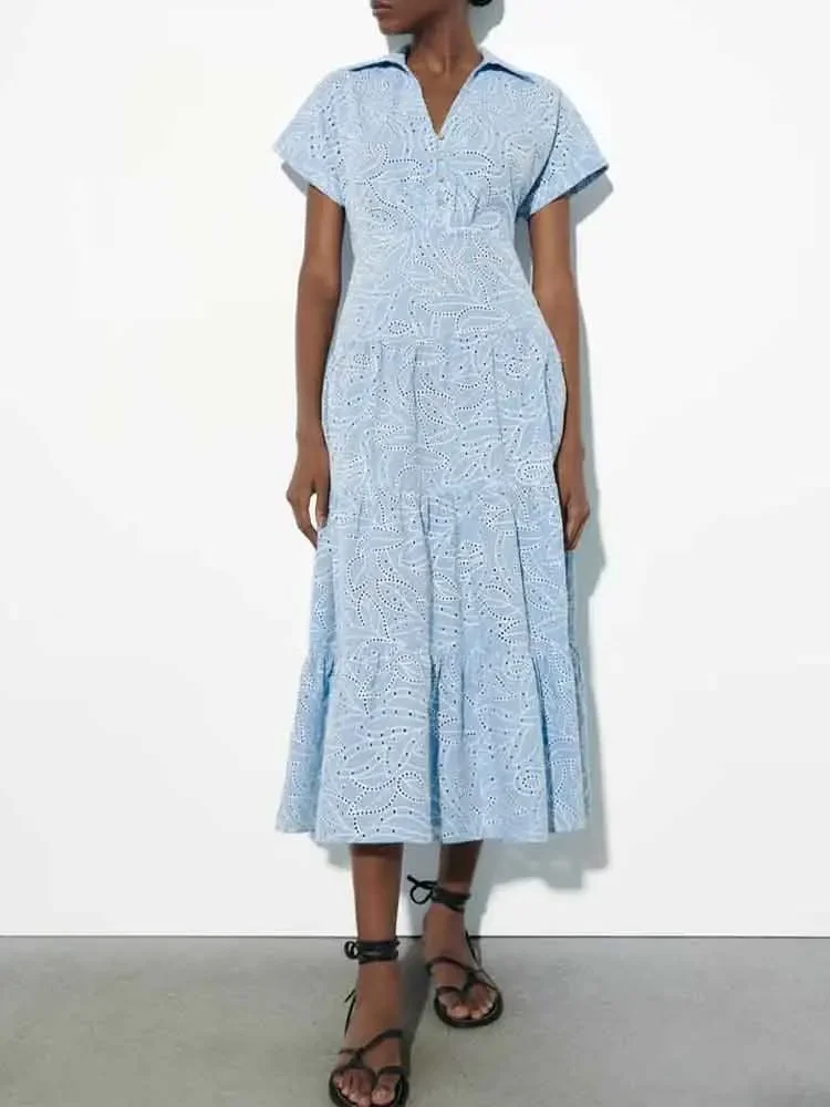 

European style new women's clothing fashionable and versatile simple temperament hollow sexy lapel shirt dress