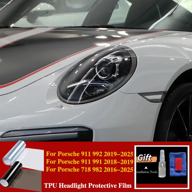 2018-2025 For Porsche 911 718 991 992 982 Car Headlight Protective Film TPU PPF Smoke Black Pre Cut Anti-Scratch Car Repair Film