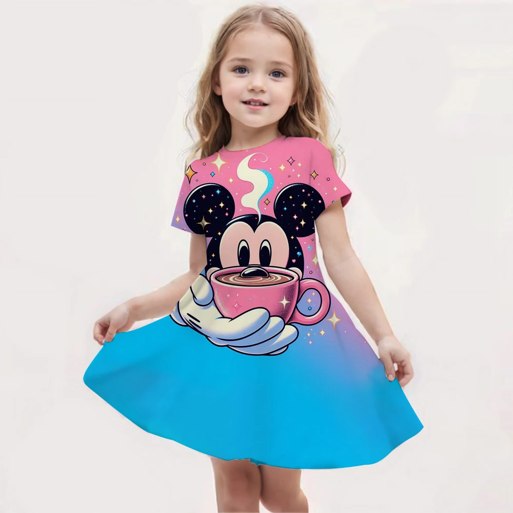 

Disney Mickey Mouse Minnie print Summer Dress Kids Girl Clothes Sweet Desserts Short Sleeve Casua Fashion Birthday Baby Girl Dre