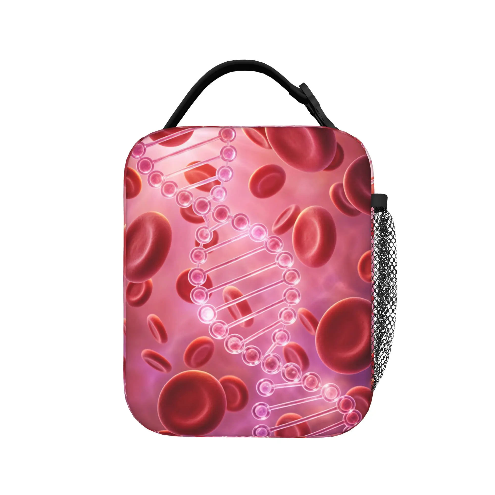 Pink Dna Strand With Red Blood Cells Science Lunch Bag For Women  Print Lunch Box Picnic Cooler Bag Oxford Thermal Lunch Bags