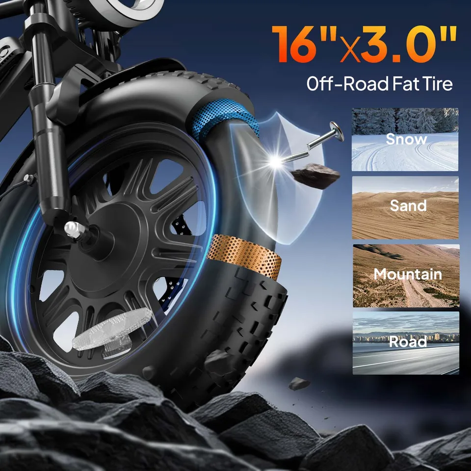 Urlife T16 16"x3" Fat Tire Electric Bike 750W Peak Motor 48V Removable Battery Dual Suspension 7-Speed Gears E-Bike Adult Commuter Off Road image 4