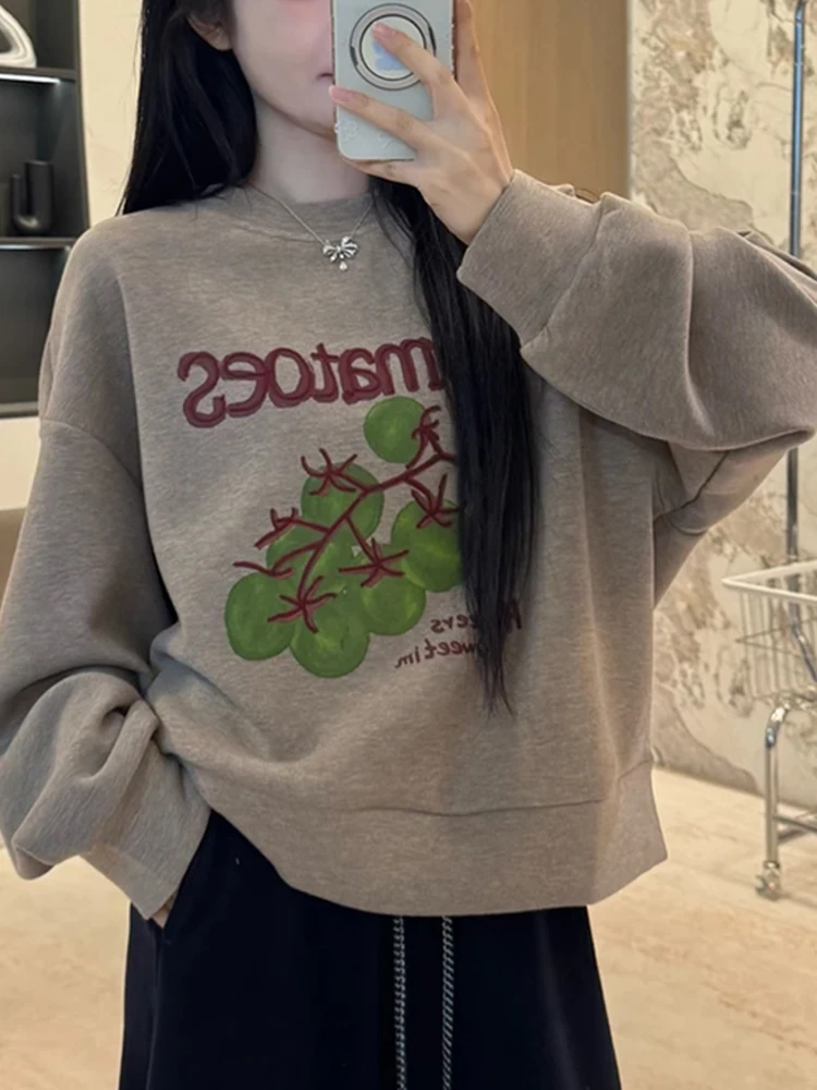 

Loose Fit round Ne Embroidered Sweatirt ato Pattern New Arrival Faionable Women's Clothing Comfortable Casual Top