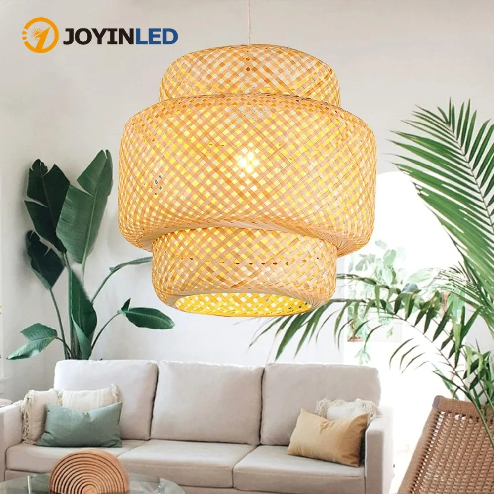 JOYINLED LED Handgefertigter Rattan-Kronleuchter Bambus-Pendelleuchte Ländlicher Vintage-Restaurant-Kronleuchter für Café Bar E27 E26
