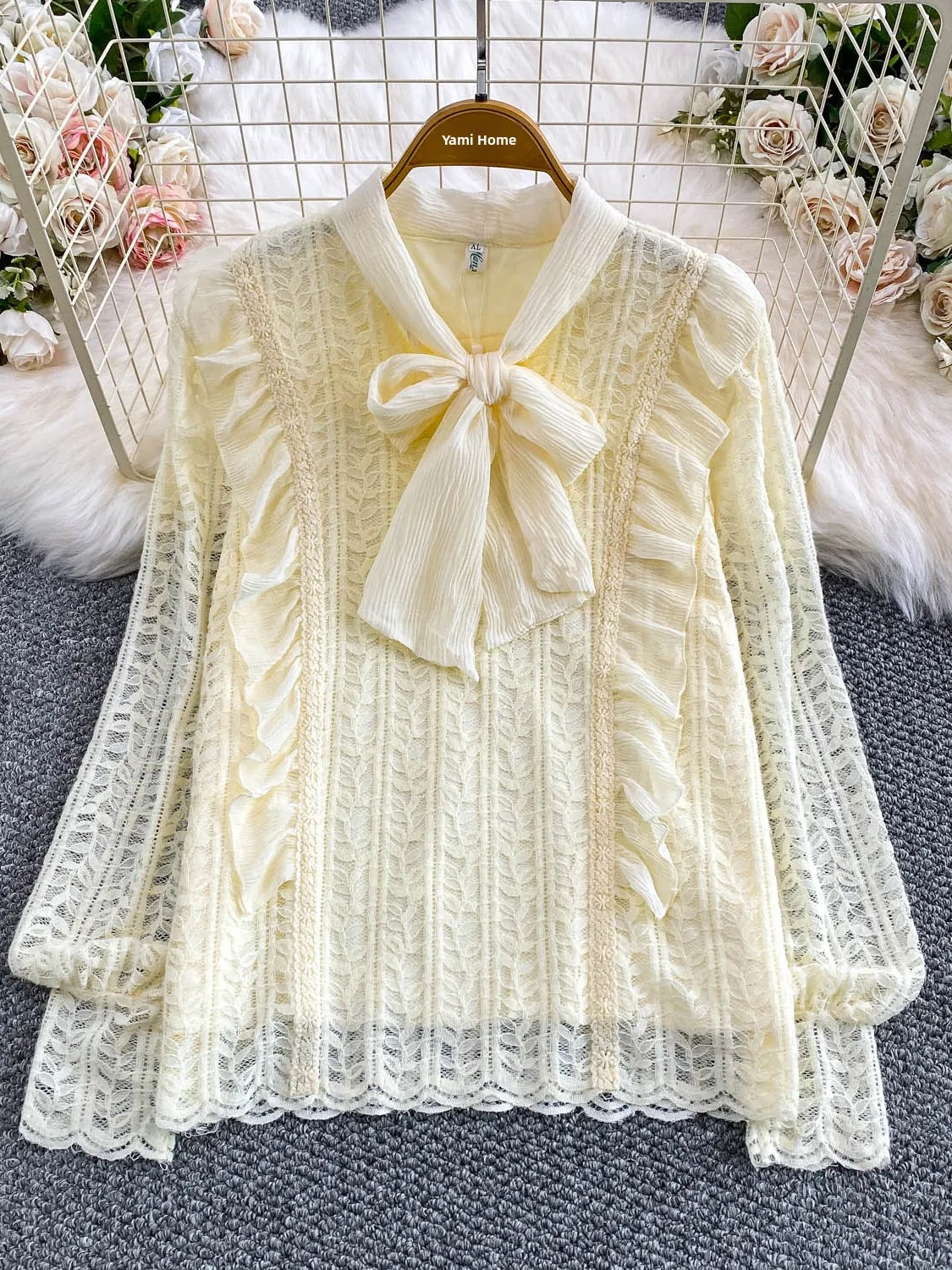 초가을 한국 스타일 여성 브이넥 레이스 매듭 스플라이스 베이스 스위트 레이스 패치워크 롱 셔츠 자외선 차단