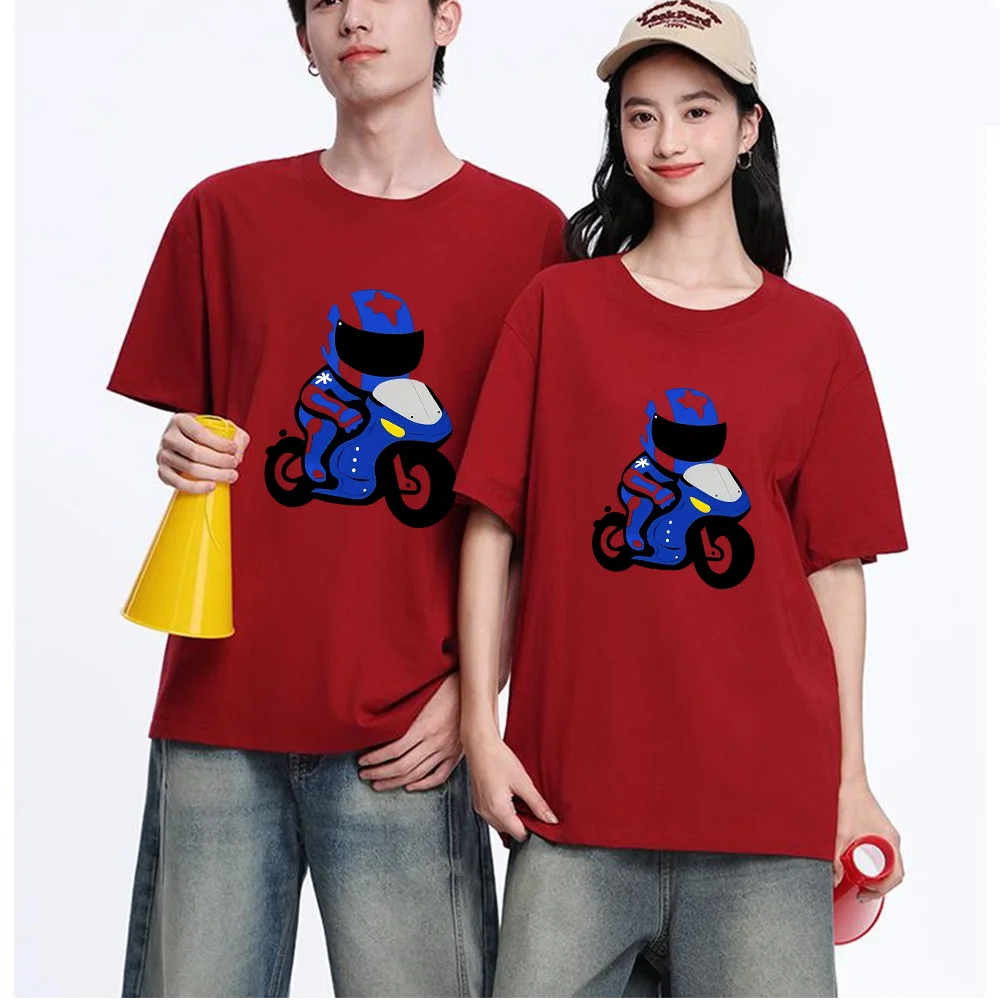 Blue Biker With Motorcycle Printed T Shirt Breathable Fabric S-XXL Personalized Custom Casual Short Sleeve Tee Unisex Fit Aesthe
