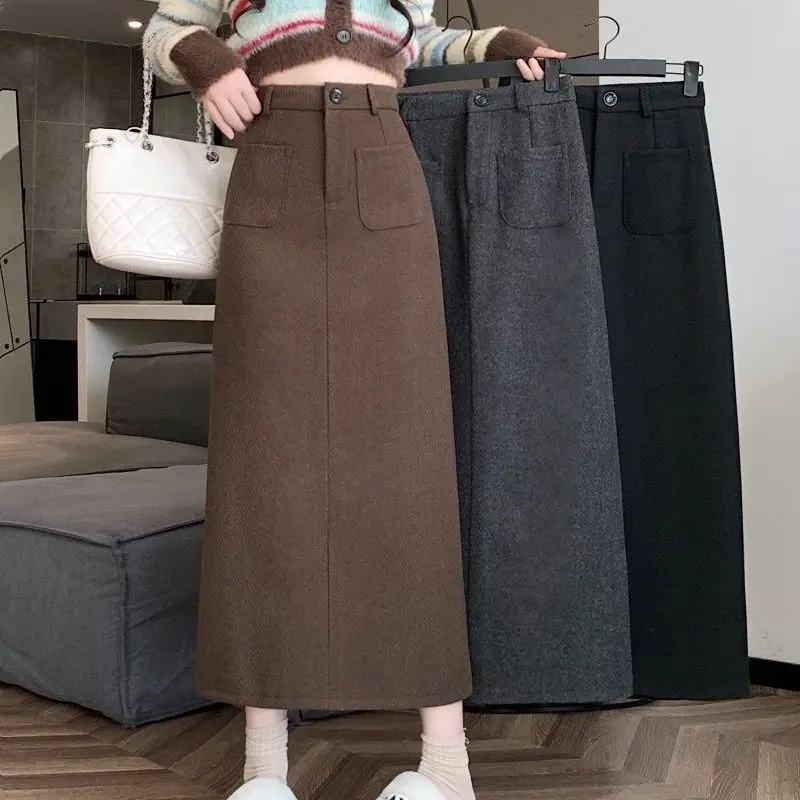 

2025 New Half Skirt Autumn and Winter Thick Woolen High Waist Slimming Straight Tube Skirt with Slit Mid Length Skirt That Cove