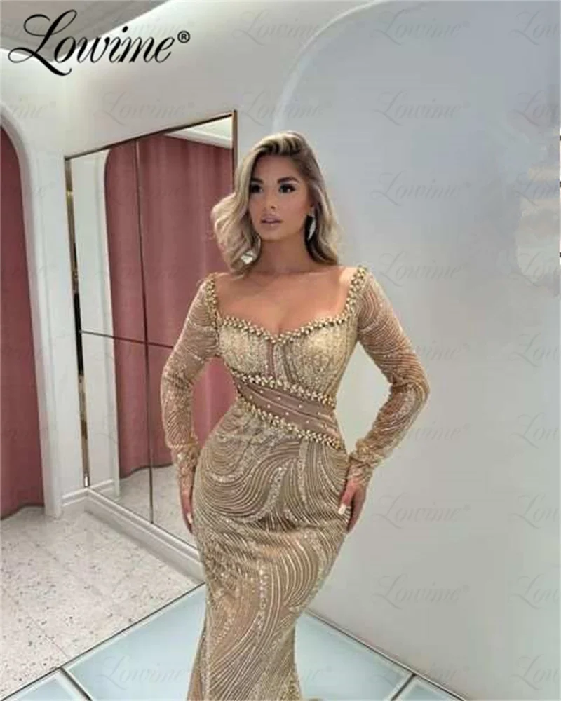 2025 Champagne Long Sleeves Evening Dress Crystals Mermaid Birthday Engagement Gowns Formal Prom Dresses Arabic Customized Robes