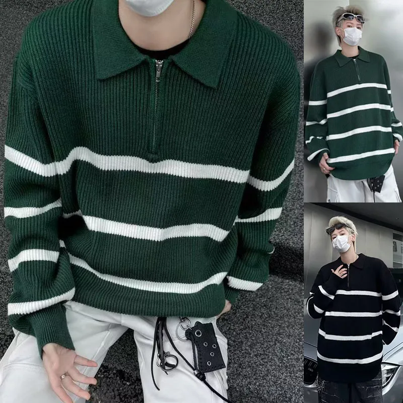 POLO Shirt Lapel-neck Knitted Sweater Men's Half-zipper Stripe British And Korean Business Exterior