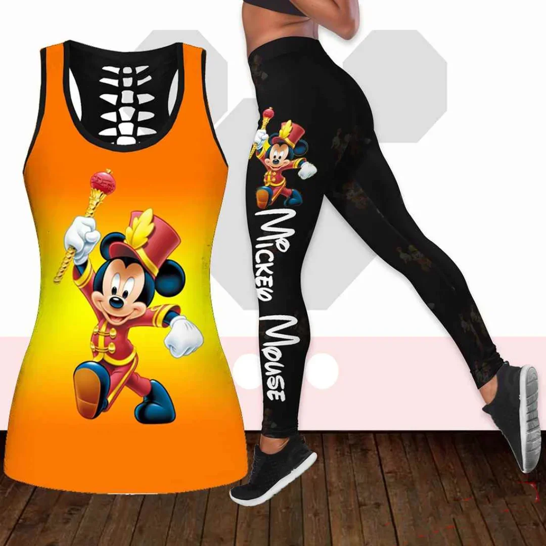 2024 New Mickey Mouse Women\'s Hollow Vest  Leggings Yoga Suit Fitness Leggings Sports Suit Disney Tank Top Legging Set Outfit