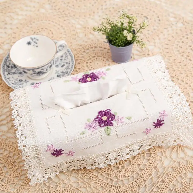 Fabric Tissue Box Cover, Pure Linen, Embroidered and Hemistitched by Hand, Flower, Floral, Beautiful Lace