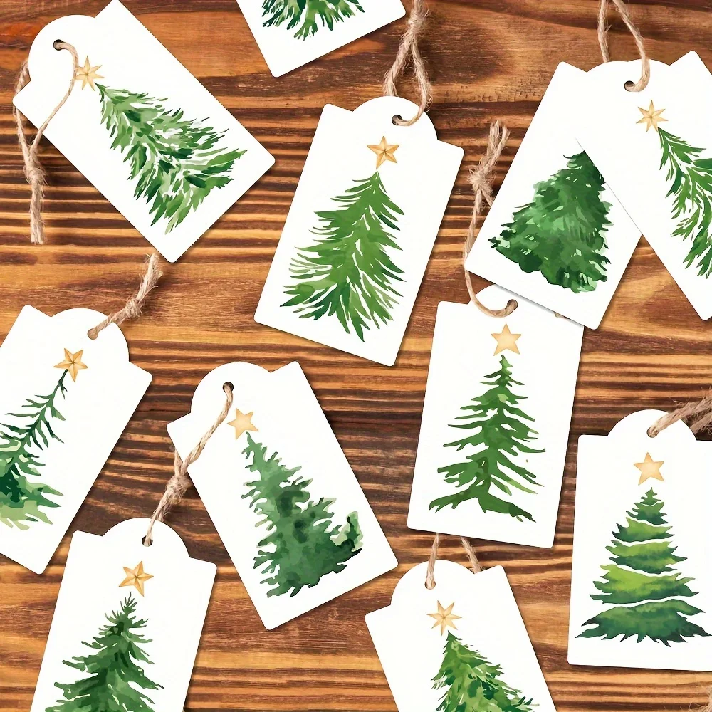 60 Stück Karten Weihnachten Aquarell Kiefer Geschenkanhänger Festliche Hängeetiketten Verpackungsbox Dekoration Geschenkanhänger mit 30 m Hanfseil – Detail 3