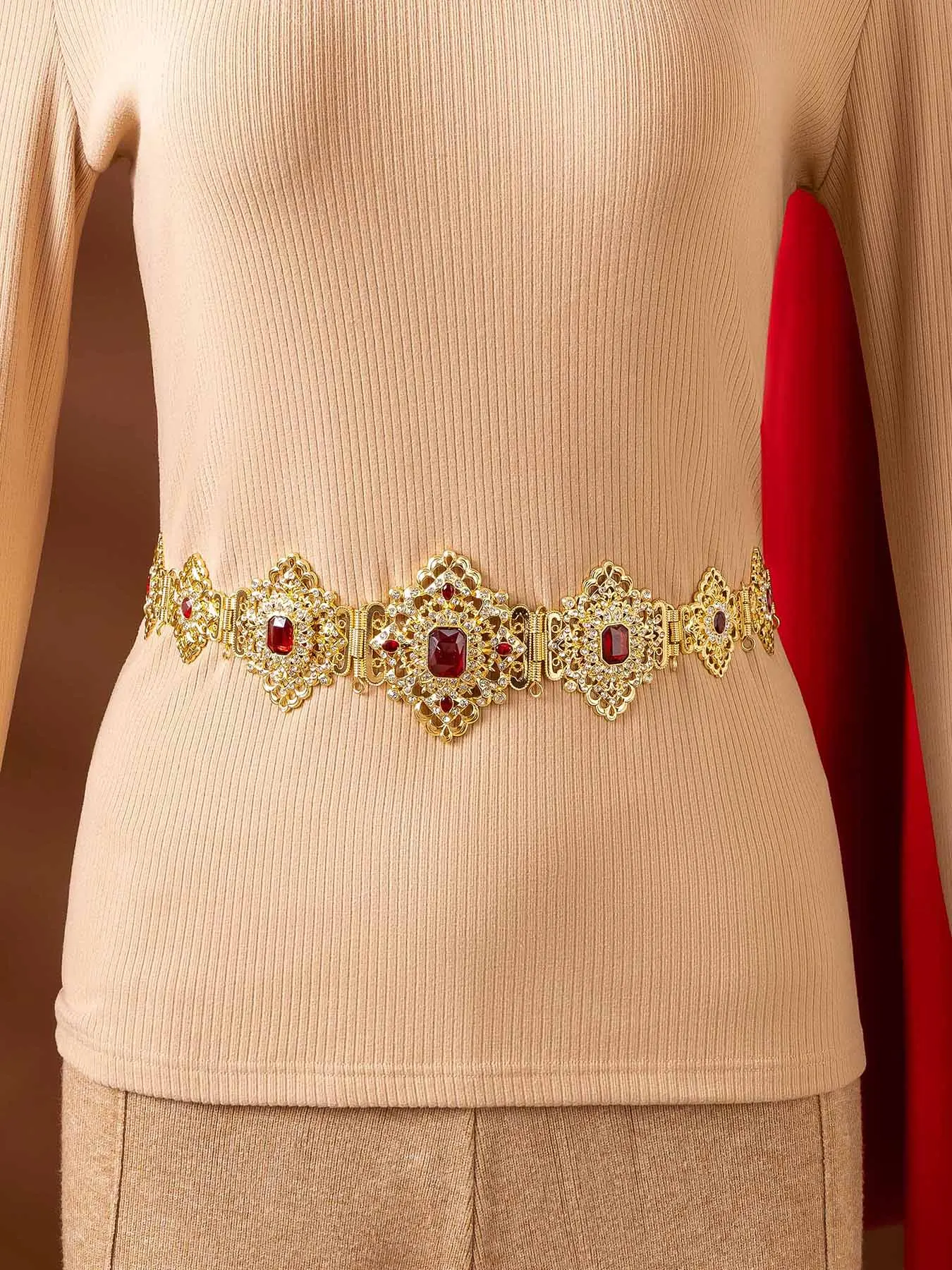 Luxury Gold Plated Belt with Hollow Carved Synthetic Gem Design Arab Bride Waist Chain Jewelry Accessory