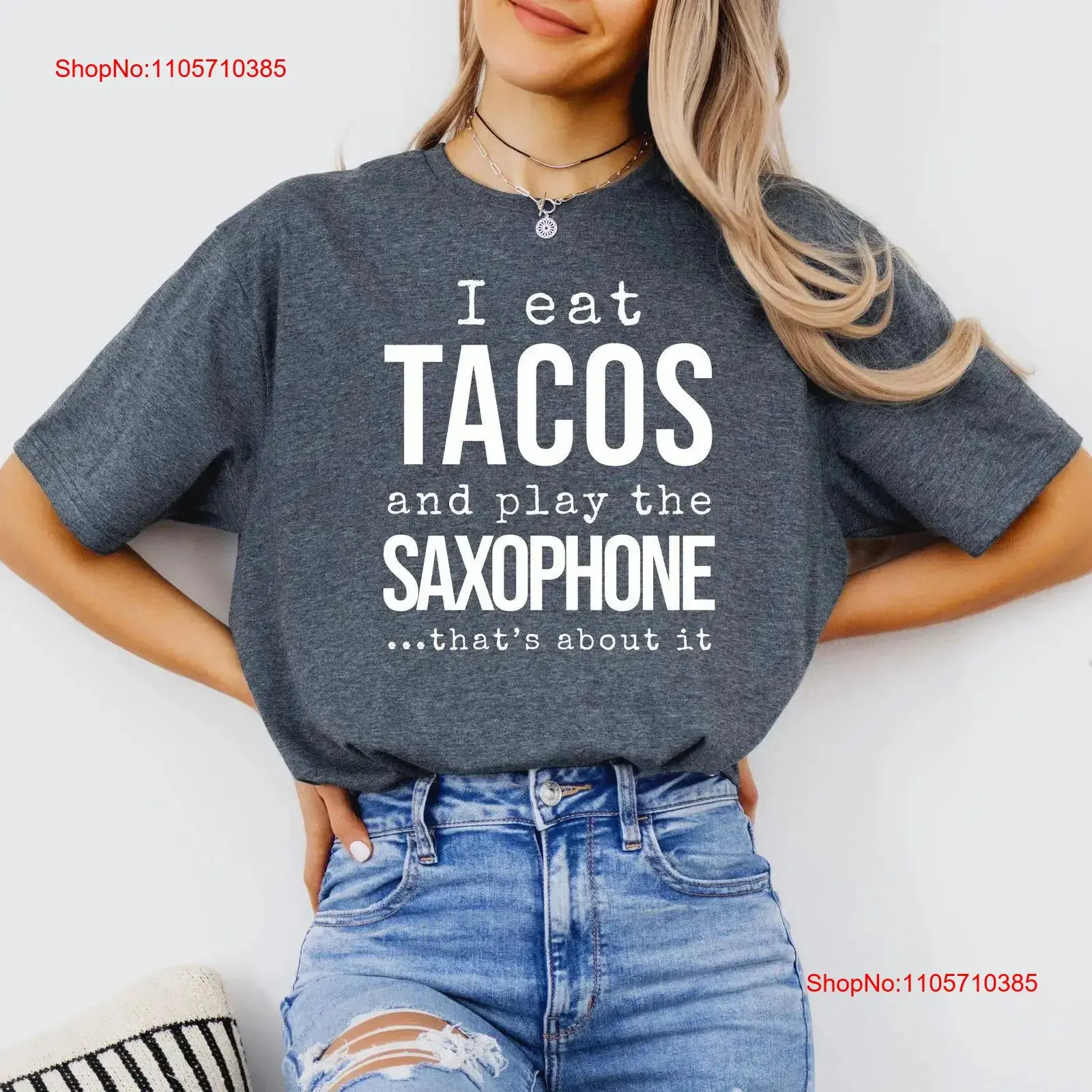 T-shirt « Je mange des tacos et joue du saxophone » pour musiciens et amateurs de tacos, style softstyle pour les gourmands, vêtements musicaux amusants et réalistes, vintage
