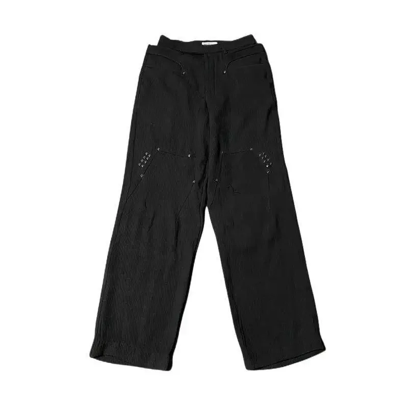 

KIKO KOSTADINOV medium and high waist striped non-ironing loose straight casual black rivet trousers