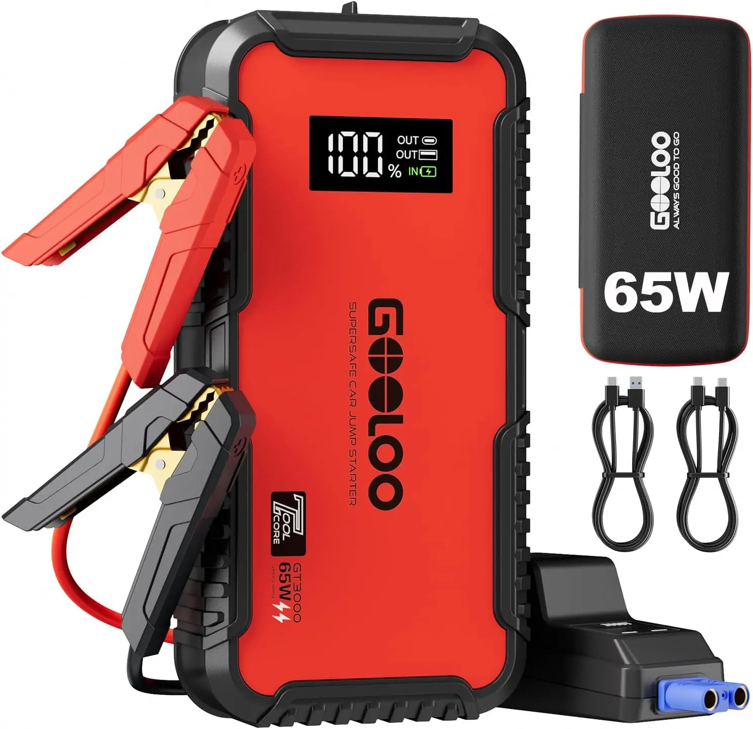 

3000A Portable Jump Starter with 65W Quick Charge, 12V Lithium Battery Booster for Gas/Diesel Engines, Includes Jumper Cables