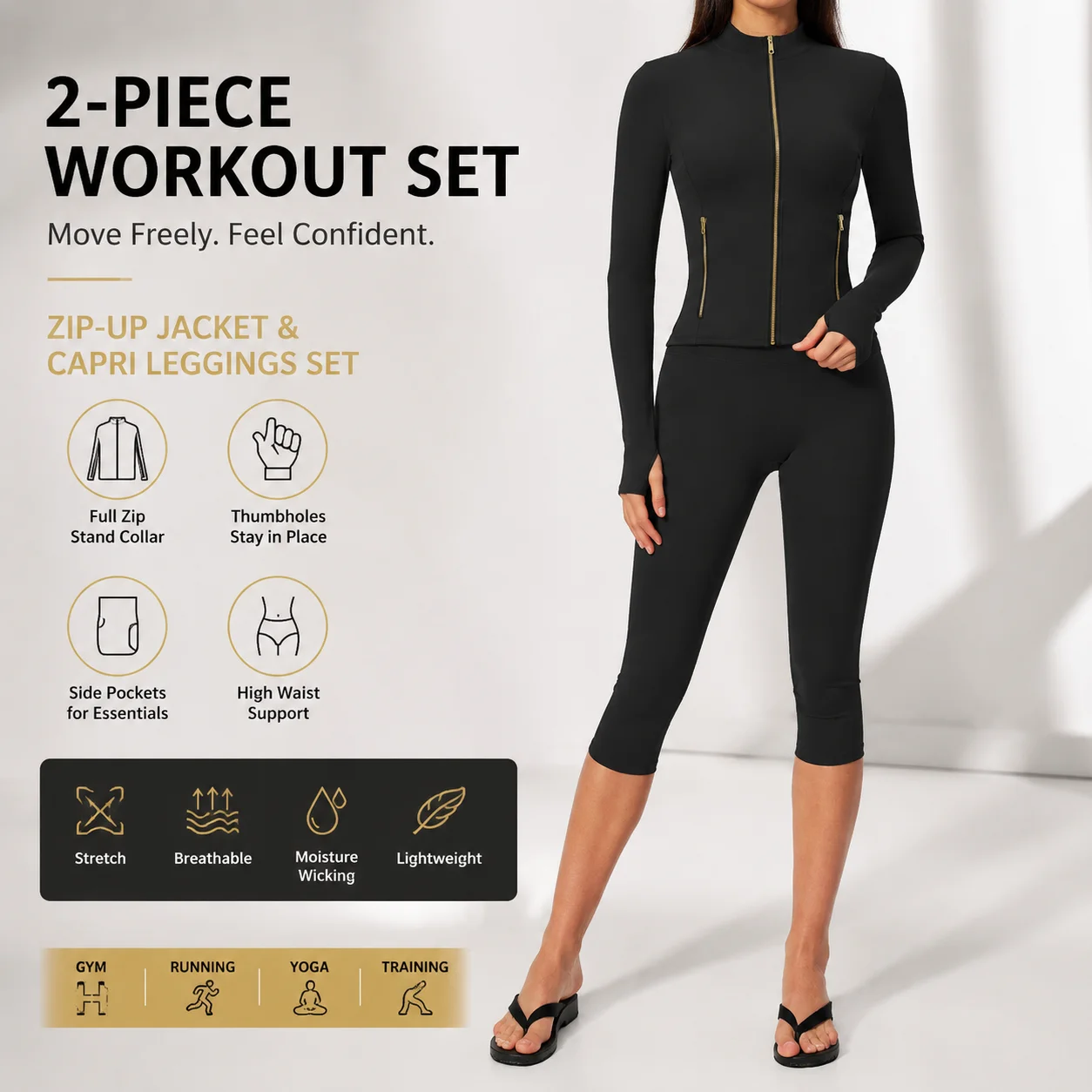 Women's Zip-Up Long Sleeve Sports Jacket and High Waist Capri Leggings Set Slim Fit 2-Piece Workout Tracksuit with Thumbholes an