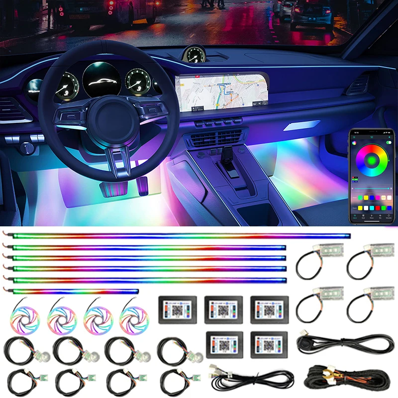 Car Interior Ambient Light Atmosphere Universal App Control Acrylic Auto Lamp Strip Symphony Colorful Rainbow LED Lighting 64RGB