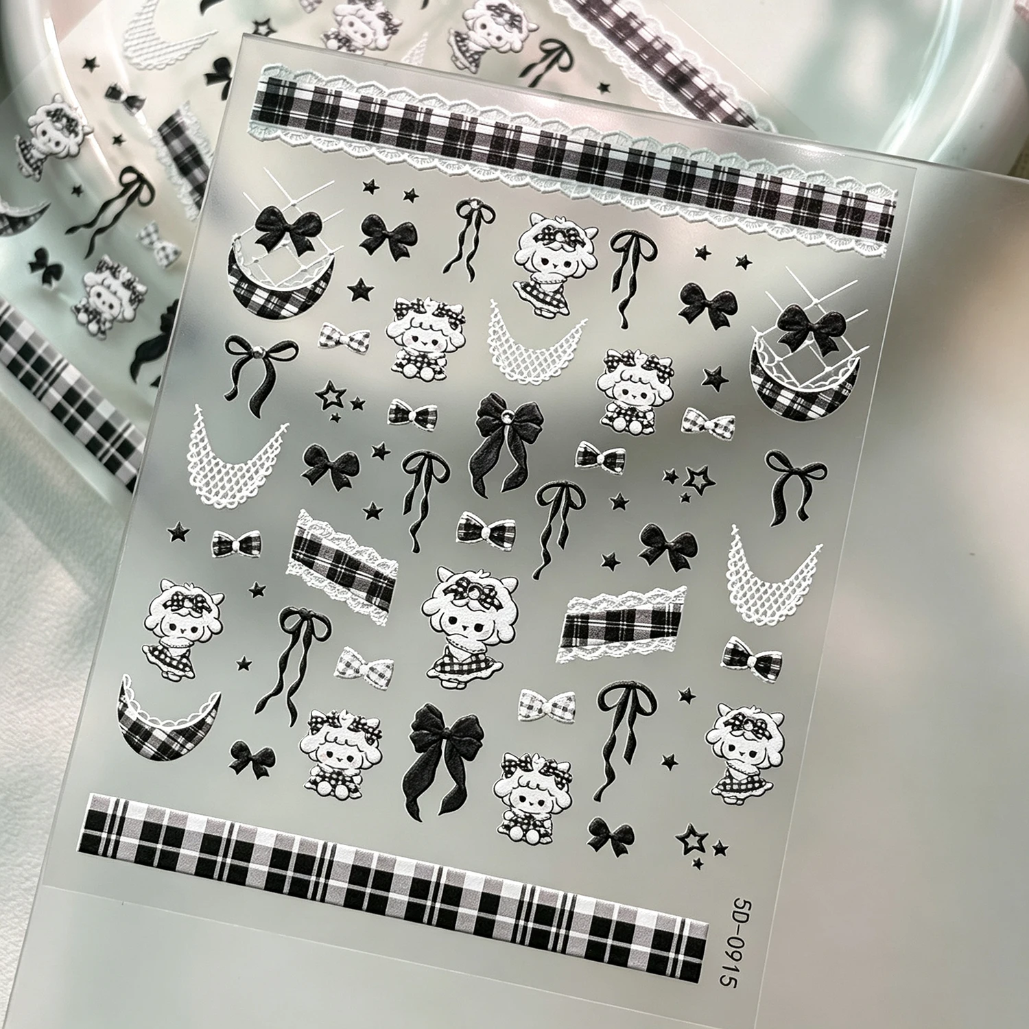 5D Black White Kawaii Plaid Apron Sheep Nail Sticker Cartoon Lace Bowknot Star Design Self-adhesive Decals DIY Manicure Sliders