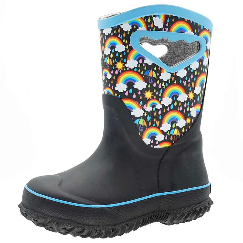 MCIKCC Black-Blue Stitching Rainbow Printed Waterproof Rubber Insulated Rain Garden Snow Boots for Big Kids Toddler Boys Girls