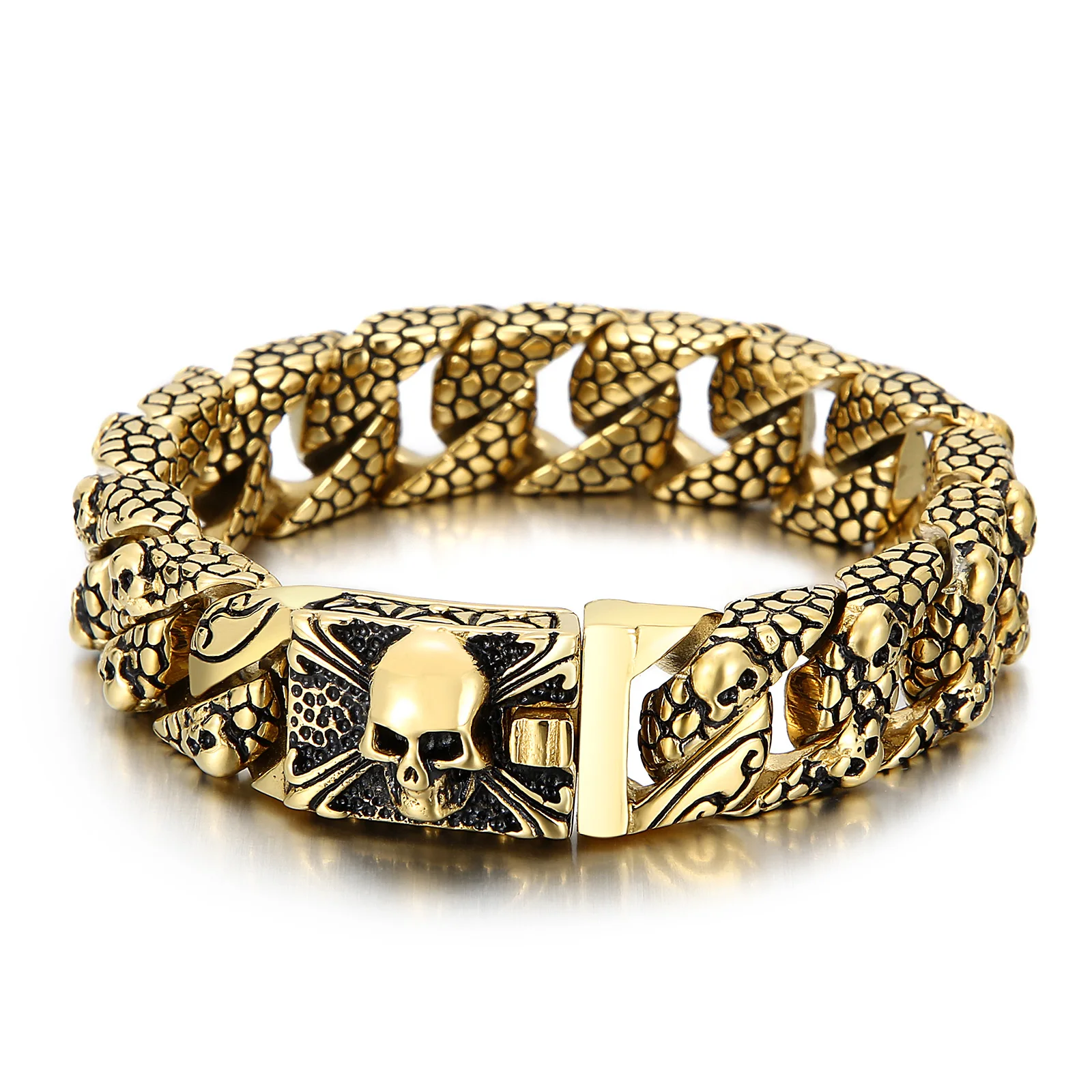 Men's Punk Skull Bracelet 215x16mm Stainless Steel Serpentine Pattern Gold Color for Boy Birthday Party Gift Superior Quality