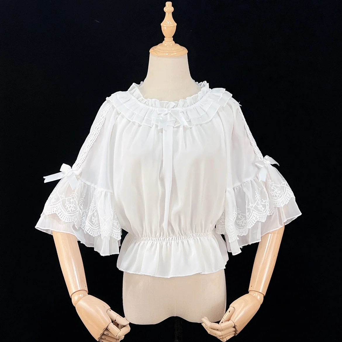 Sweet Lolita Cute Bow Ruffles Chiffon Blouses Women Three Quarter Flare Sleeve Off Shoulder Shirt Crop Top Girl Kawai Undershirt