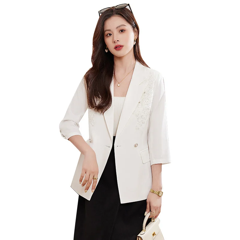 2025 Pink Black White Women Blazer Ladies Mid Sleeve Single Button Suit Jacket Female Slim Casual Jacket Spring Summer Outerwear