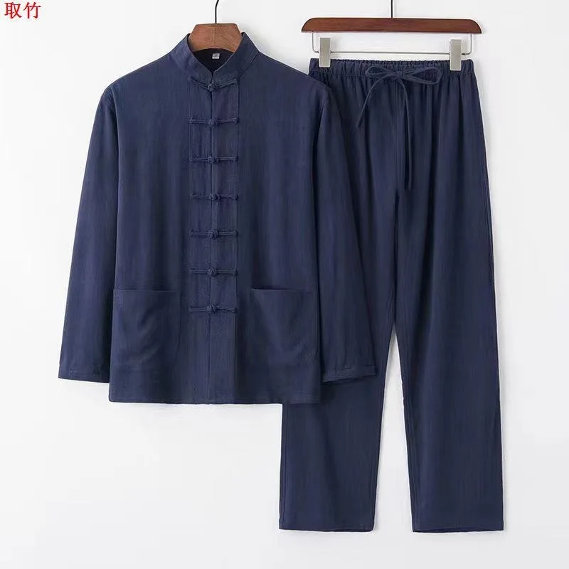 Casual Long Sleeve Cotton Linen Set Chinese Style Men's Tang Suit Loose Fit Hanfu Traditional Chinese Clothing Button Detail
