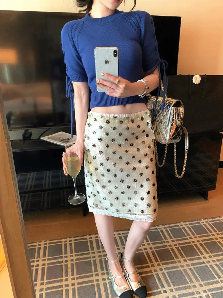 Party Sweet Polka Dot Skirt Fashion Women Bling Bling Sequined Skirt Slim Fit Elegant Office Ladies Summer Straight Lace Skirts