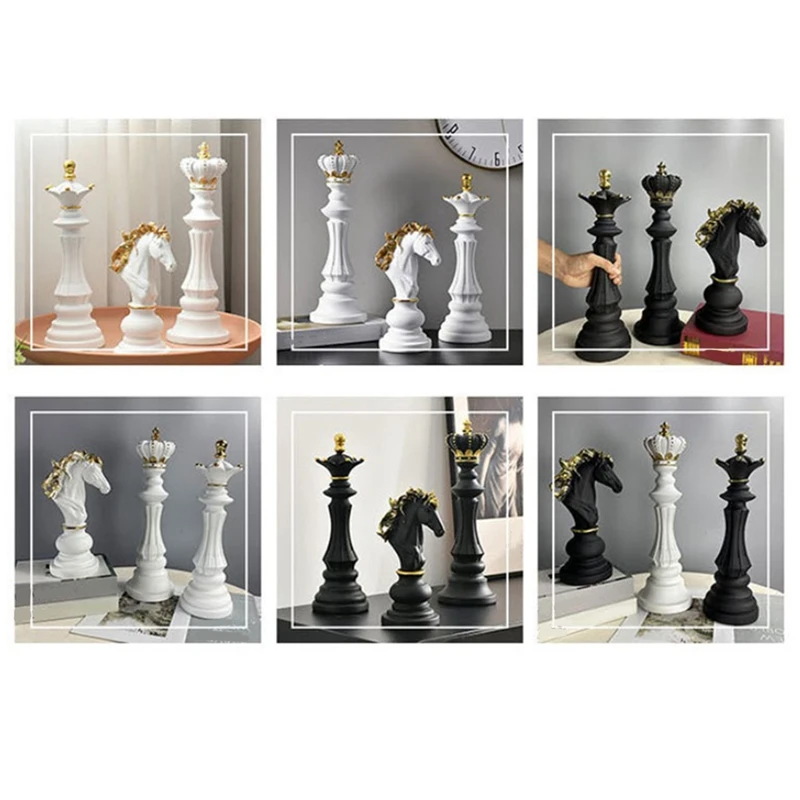 3PCS Office Figurines Queen Knight Statue Collection Object Sculptural Models Of Chess Pieces Resin B