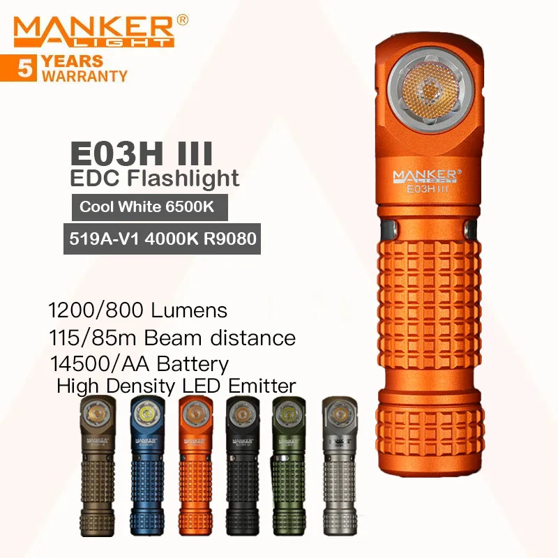 Manker E03H III Rechargeable Portable Flashlight/Headlamp, with White/Red/Green Filters,14500 Battery,1200 Lumens, Magnetic Tail