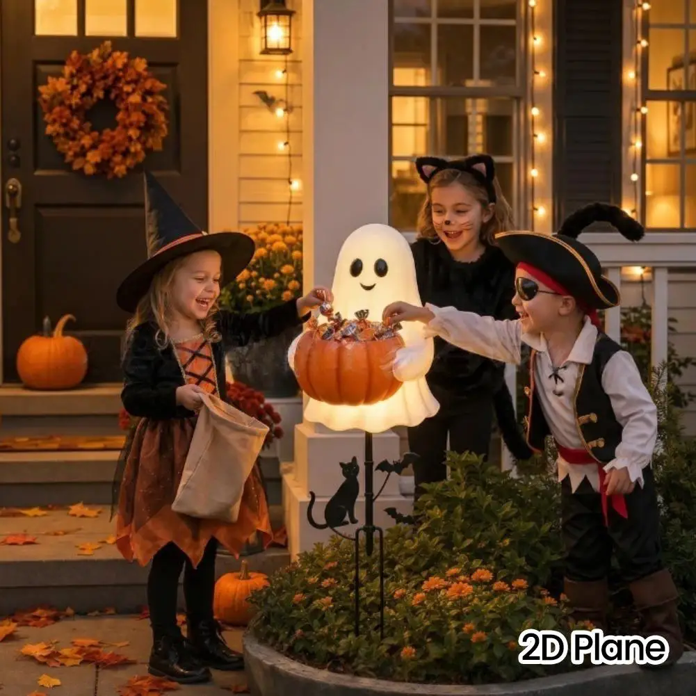 2D Halloween Ghost Pumpkin Candy Holder Stake Light Outdoor Yard Lawn Pathway Decor Trick Or Treat Storage Stand Ornament