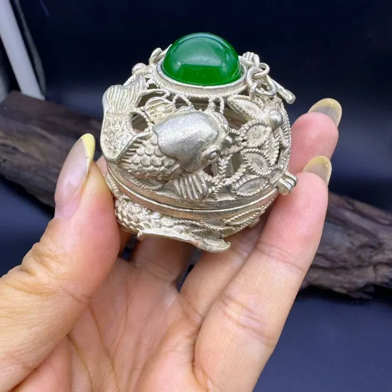 Vintage Hollow Emerald Double Fish Copper Incense Ball, Retro Hanging Incense Burner Home Decor Ornament