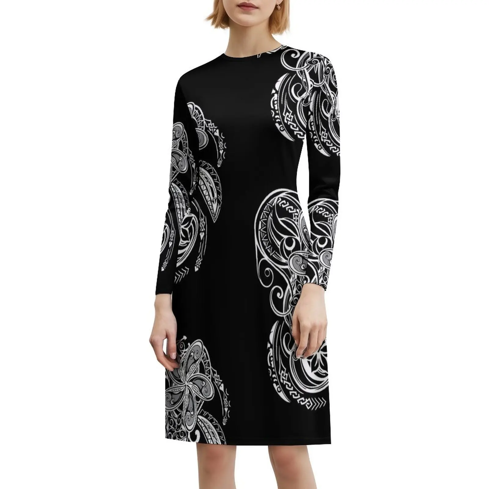 هاواي أبيض وأسود القبلية المواضيع الأزهار سموك فستان للنساء الربيع الصيف فستان كاجوال للحزب هاواي ساموا #6