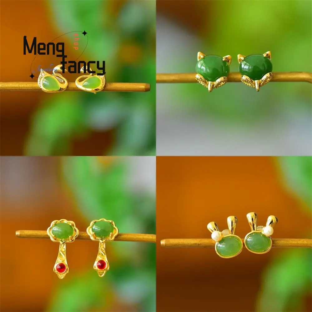 

Copper Inlay Natural Hetian Jasper Water Droplet Pi Xiu Little Swan Earrings Fashion Jewelry Sexy Young Girls Fine Holiday Gifts