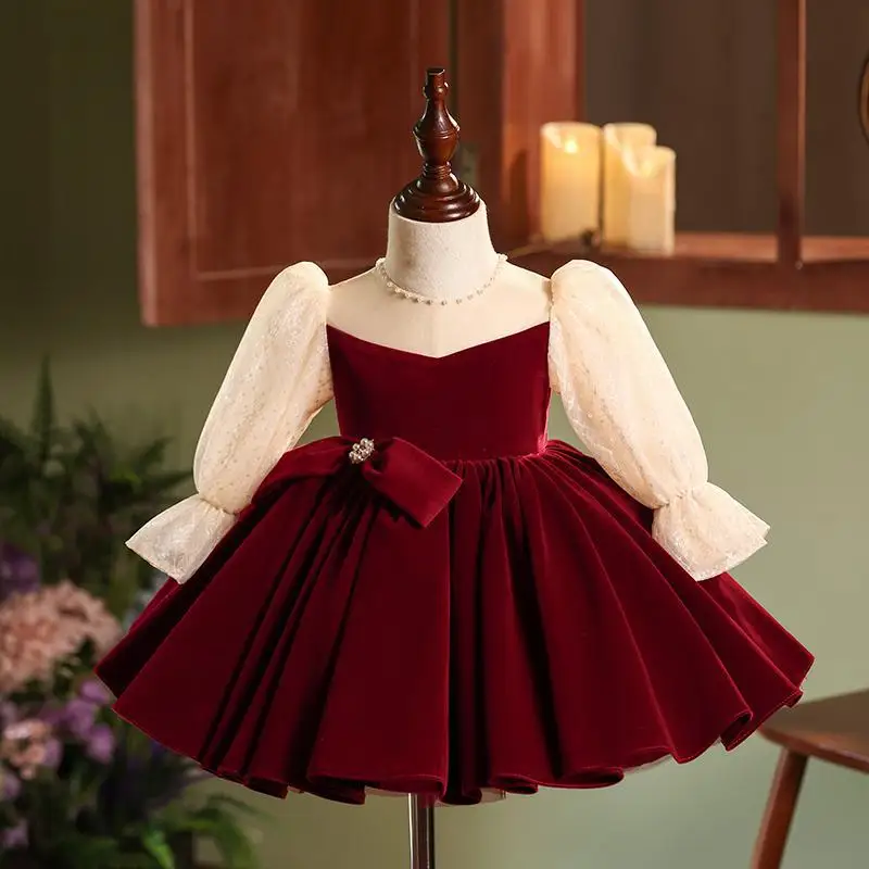 New Girls Autumn Winter Fashion Princess Ball Gown Children Cute Bow Long Sleeve Birthday Wedding Party Dress y1428