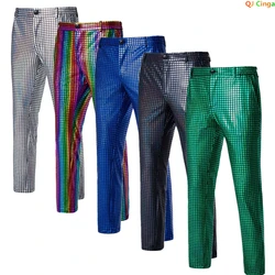 2025 primavera novas calças de terno xadrez verde brilhante, calças de moda masculina, preto azul prata pantalones hombre