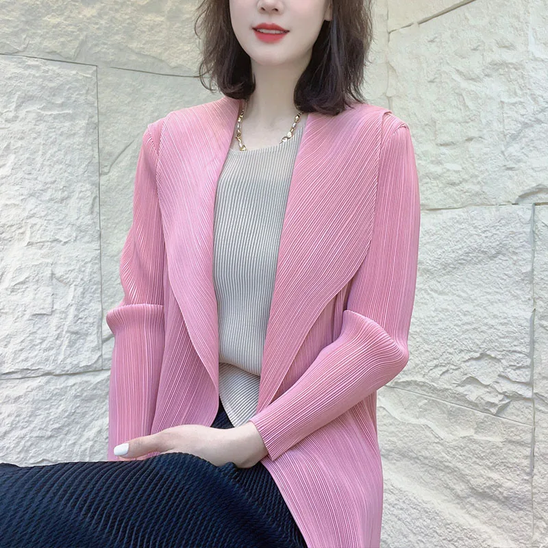 

Summer Female Fashion Long Sleeved Cardigan Shirts Women Solid Color Pleated T-shirt Retro Lady Thin Patchwork Short Blouse Coat