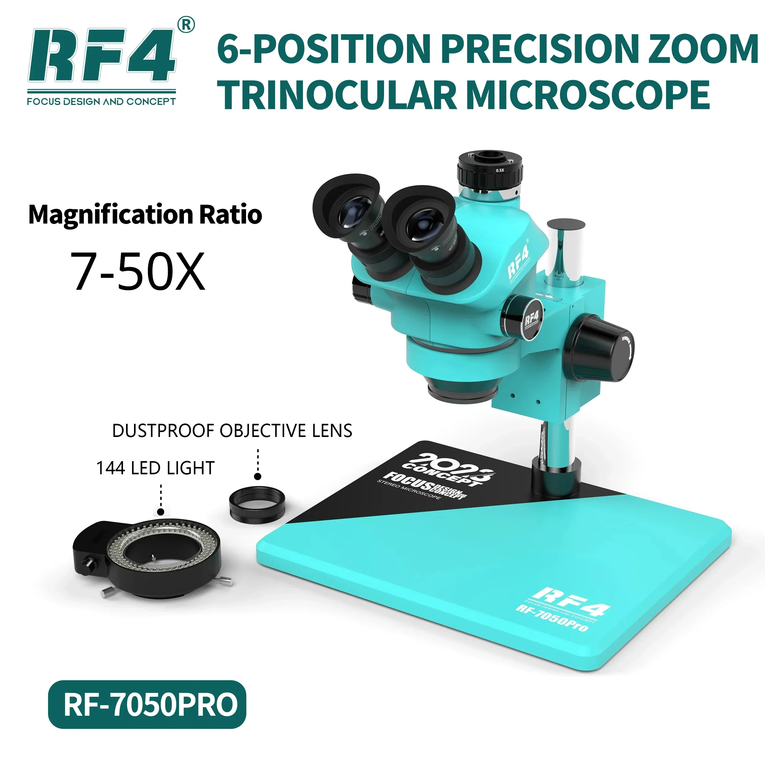 RF4 RF-7050PRO Trinocular Stereo Microscope 6-position Knob Accurately Lock 7-50X Magnification Zoom for Motherboard PCB Repair