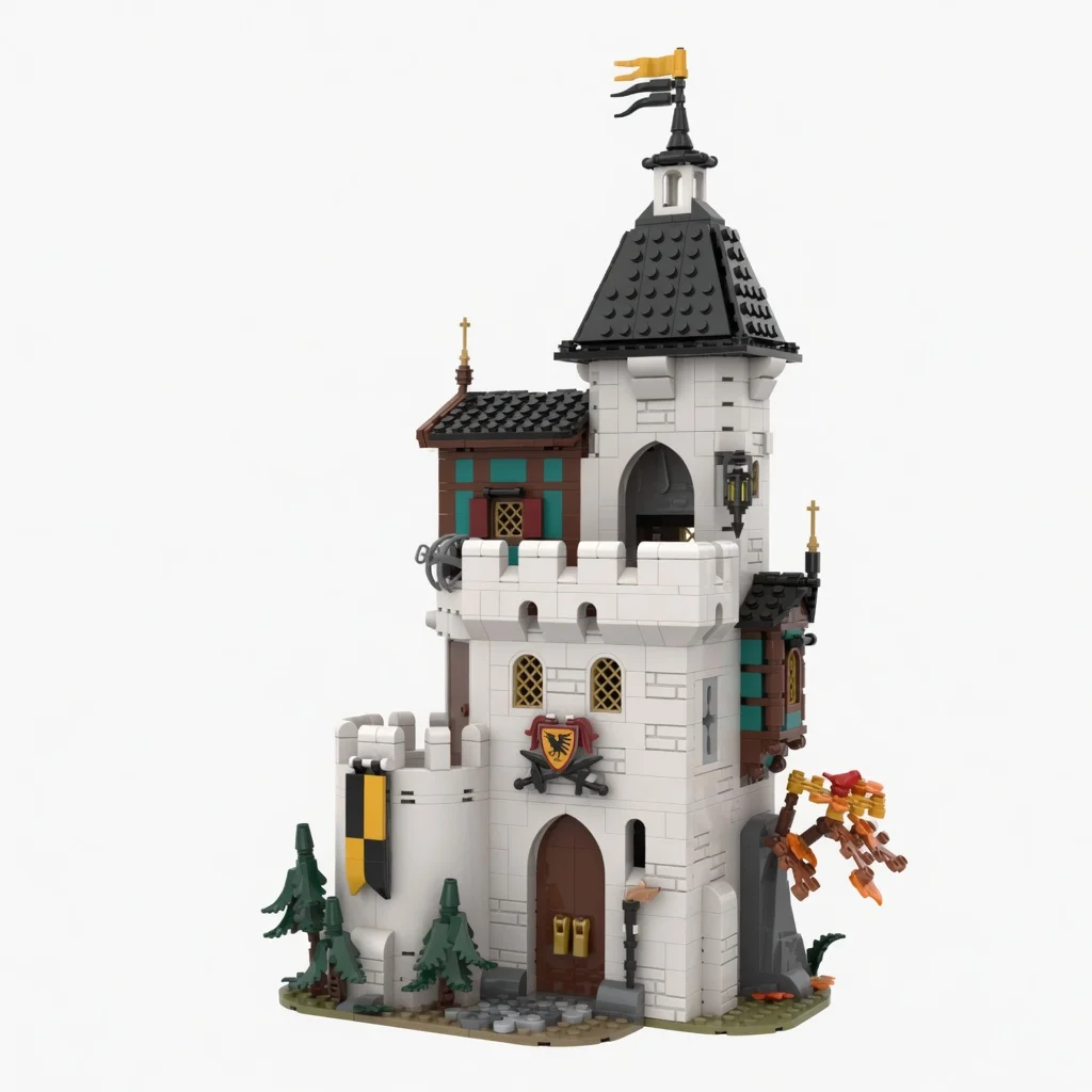 MOC Medieval White Tower Raven Knight Castle Building Blocks Creative Architecture Fortress DIY Bricks Model Toy Gift Set