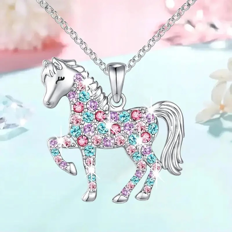 Cute Colorful Crystal Unicorn Horse Pendant Necklace For Girls Boys Children Jewelry Gifts