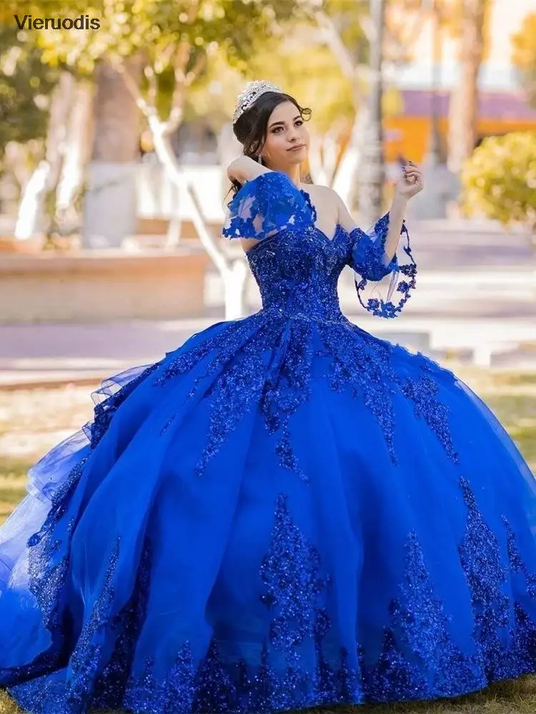 

Vestidos 16 Year Quinceanera Dresses Royal Blue/Red Appliques Ball Gown Sexy Sweetheart Backless Detachable Sleeve Party Dress