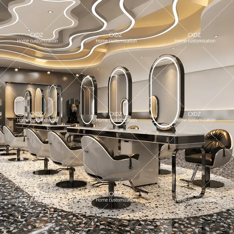 Hair Salon Mirror Table with Lamp Single and Double Sided Marble Haircut Mirror with Cabinet for Perm and Dyeing